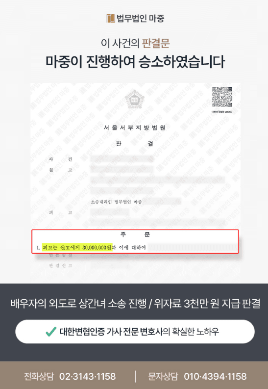 배우자 외도로 상간녀 소송 진행 / 위자료 3천만 원 지급 판결